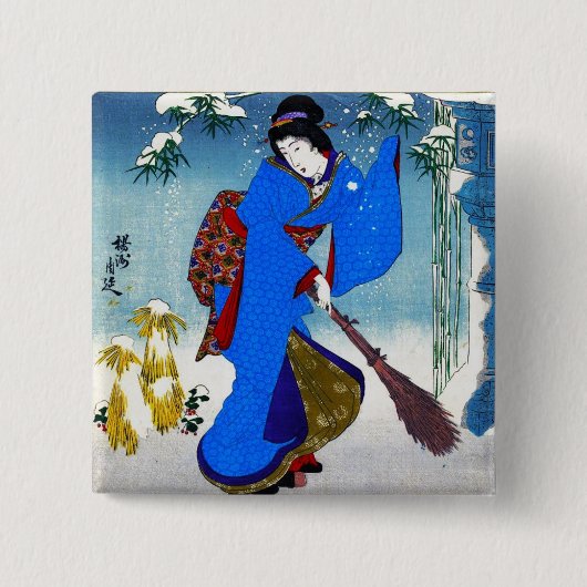Kool-oosterse japanse klassieke geisha lady art. vierkante button 5,1 cm (Voorkant)