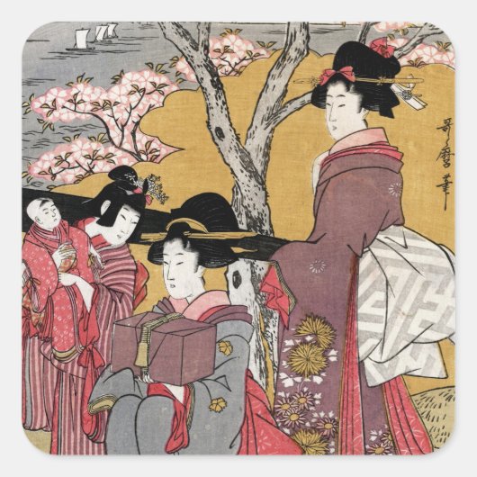 Kool-oosterse japanse klassieke geisha lady art. vierkante sticker (Voorkant)