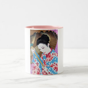 Kool-oosterse japanse klassieke vrouw met paraplu tweekleurige koffiemok
