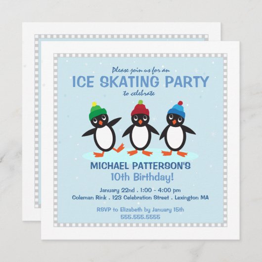 Kool Penguin Ice Skating Birthday Party Invitation Kaart (Voorkant / Achterkant)