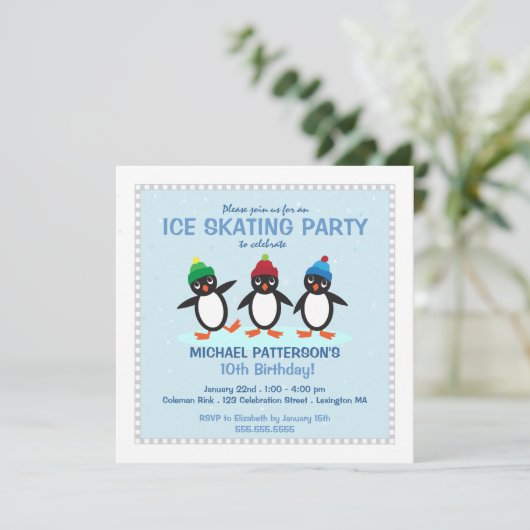 Kool Penguin Ice Skating Birthday Party Invitation Kaart (Staand voorkant)