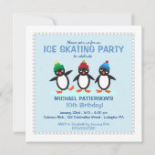 Kool Penguin Ice Skating Birthday Party Invitation Kaart (Voorkant)