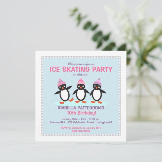 Kool Penguin Ice Skating Birthday Party Invitation Kaart (Staand voorkant)