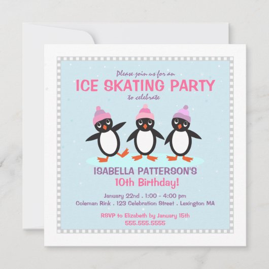 Kool Penguin Ice Skating Birthday Party Invitation Kaart (Voorkant)