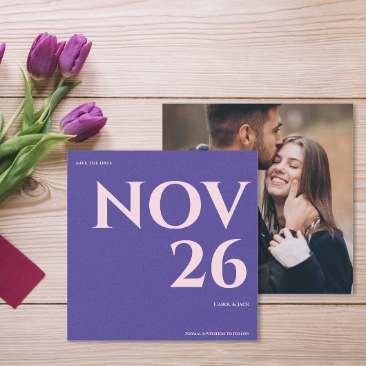 Kool Purper & Blush Foto Huwelijk Save the Date Aankondiging