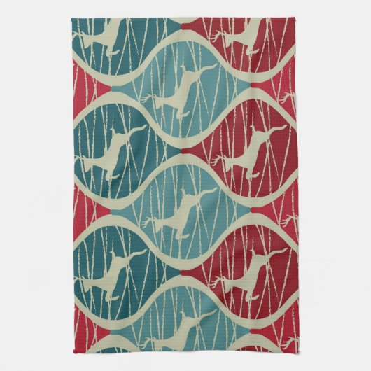 Kool Retro Red en Blue Kerstreindeerperioden Theedoek (Verticaal)