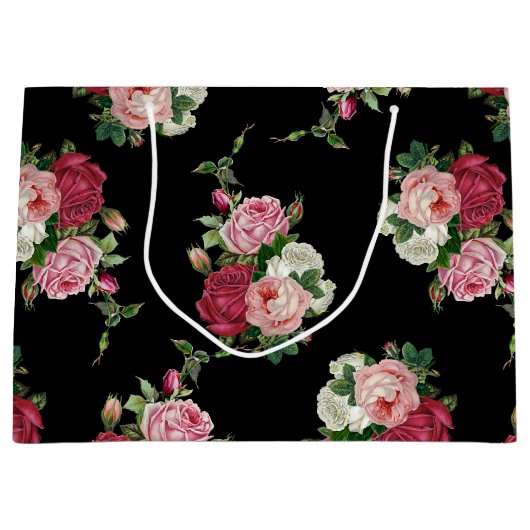 kool Rozen-zwarte achtergrond Groot Cadeauzakje (Voorkant)