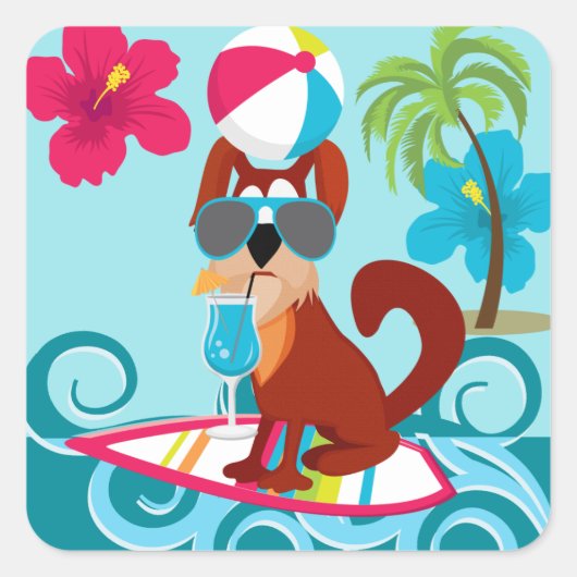 Kool Surfer Dog Surfboard Summer Beach Party Fun Vierkante Sticker (Voorkant)