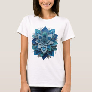 Kool Zilveren BLUE ICE FLOWER Artistiek Motief T-shirt