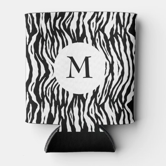 Kool zwart-wit zebraprintpatroon met monogram blikjeskoeler (Voorkant)