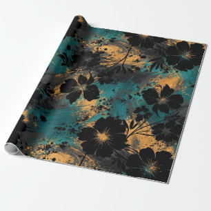 Kool Zwarte Bloem Silhouet met Teal & Mosterd Cadeaupapier