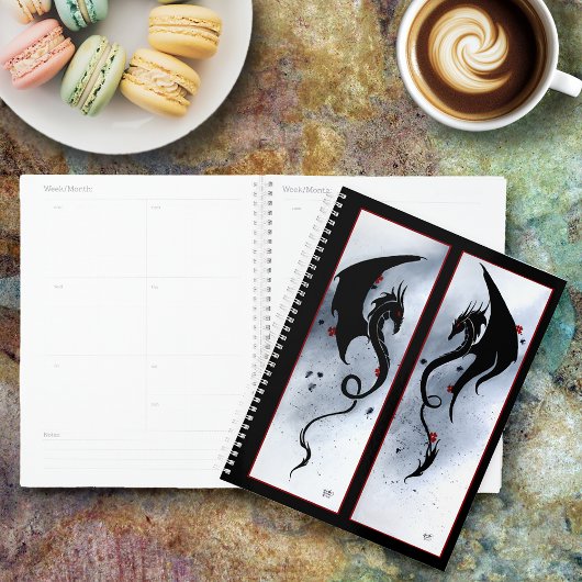 Kool Zwarte Tribale Draak Rood Blauwe Bloemen Planner