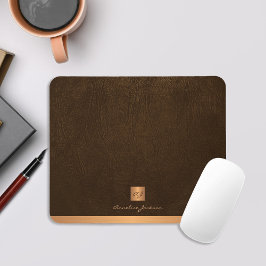Koolachtig elegant bruin ledergoud, monogegrammeer muismat