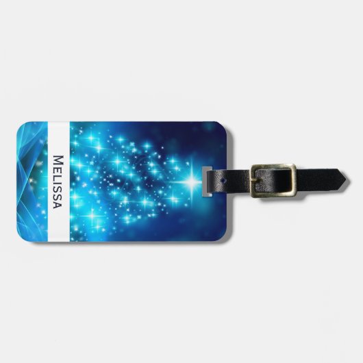 Koolblauwe kerstboom met mousserende lichten bagagelabel (Voorkant horizontaal)