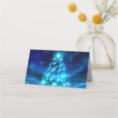 Koolblauwe kerstboom met mousserende lichten plaatskaartje (Achterkant)