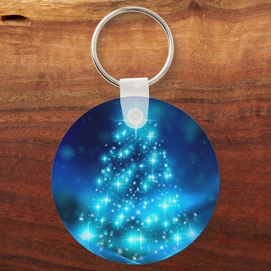 Koolblauwe kerstboom met mousserende lichten sleutelhanger (Voorkant)