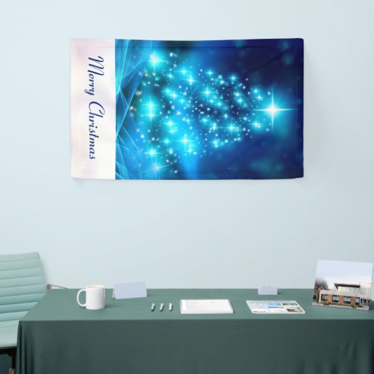 Koolblauwe kerstboom met mousserende lichten spandoek (Beurs)