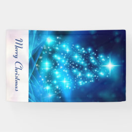 Koolblauwe kerstboom met mousserende lichten spandoek