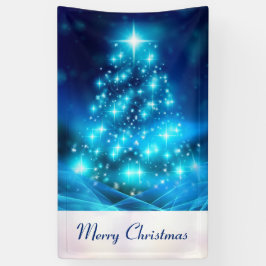 Koolblauwe kerstboom met mousserende lichten spandoek