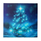 Koolblauwe kerstboom met mousserende lichten tegeltje (Voorkant)