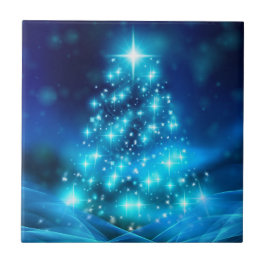 Koolblauwe kerstboom met mousserende lichten tegeltje