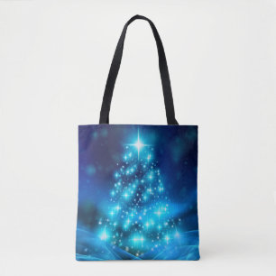 Koolblauwe kerstboom met mousserende lichten tote bag