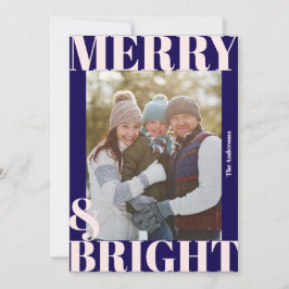 Koolblauwe Roze Merry & Bright Foto Feestdagenkaart