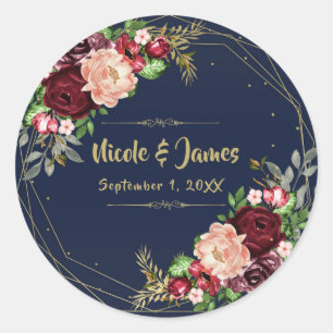 Koolbloemige herfstbloem in marineblauw goud en bo ronde sticker