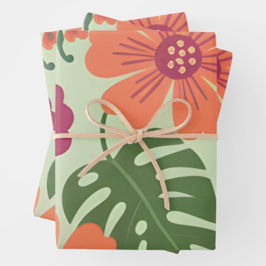 Koolbloemige Tropische Hibiscus & Monstera Blad Inpakpapier Vel (In situ)