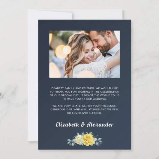 Koolgele rozen floral navy blue trouwfoto bedankkaart (Achterkant)