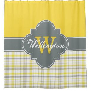 Koolgrijs Geel Madras Plaid 1ICB Lint Naam Douchegordijn
