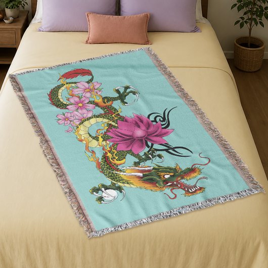 Koolgroene Chinese Draak Lotus Turquoise Tattoo Deken