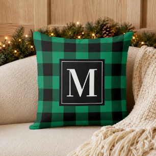 Koolgroene Zwarte Buffalo Plaid Monogram Kerst Kussen