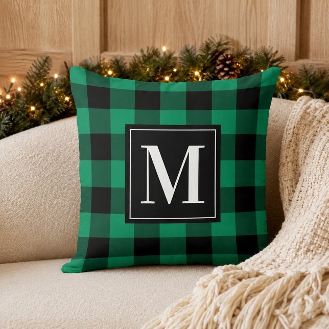Koolgroene Zwarte Buffalo Plaid Monogram Kerst Kussen (Creator heeft geüpload)