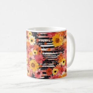Koolgrunge Bloemmotief Zwart Oranje Roze Patroon Koffiemok