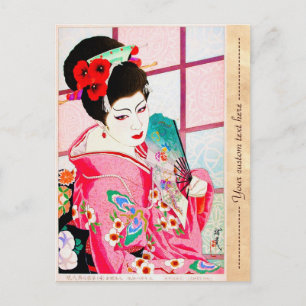 Kooljapans klassieker geisha lady roze kimono fan briefkaart