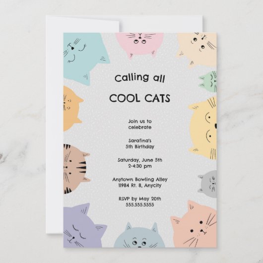 Koolkatten Birthday partijneutrale genderuitnodigi Kaart (Voorkant)