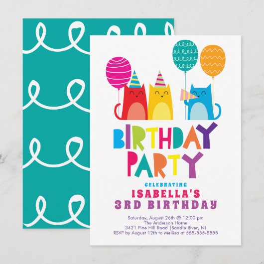 Koolkatten - uitnodiging van de Birthday Party (Voorkant / Achterkant)