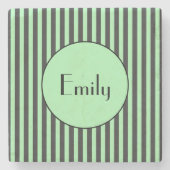 Koolmintgroene en zwarte gestreepte gepersonalisee stenen onderzetter (Voorkant)