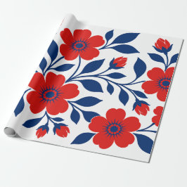 Koolrode Bloemen en Marineblauwe Bladeren Cadeaupapier