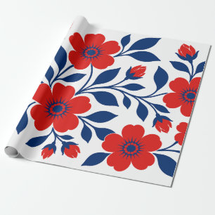 Koolrode Bloemen en Marineblauwe Bladeren Cadeaupapier