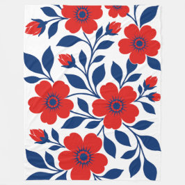 Koolrode Bloemen en Marineblauwe Bladeren Fleece Deken