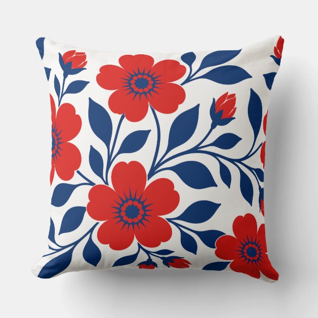 Koolrode Bloemen en Marineblauwe Bladeren Kussen (Voorkant)