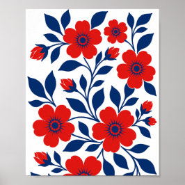 Koolrode Bloemen en Marineblauwe Bladeren Poster