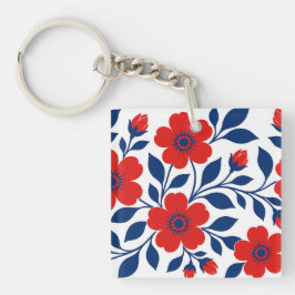 Koolrode Bloemen en Marineblauwe Bladeren Sleutelhanger