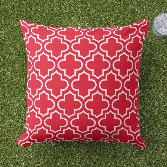 Koolrode Witte Quatrefoil Traliewerk Buitenkussen (Gras)