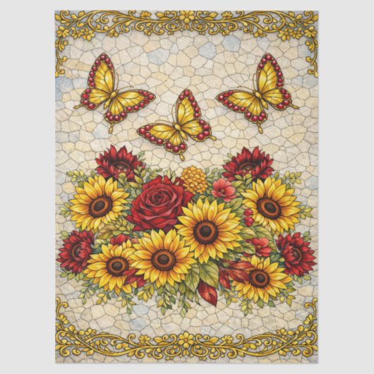 Koolrode zonnebloemen bloemendecoupeerwerk  tissuepapier (Voorkant)