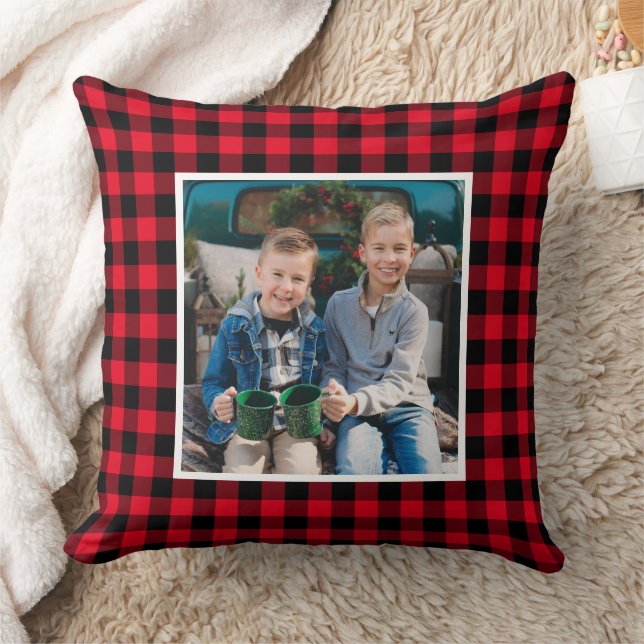 Koolrode Zwarte Buffalo Plaid Foto Kerstmis Kussen (Deken)