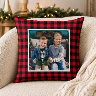 Koolrode Zwarte Buffalo Plaid Foto Kerstmis Kussen
