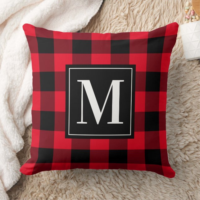 Koolrode Zwarte Buffalo Plaid Monogram Kerstmis Kussen (Deken)